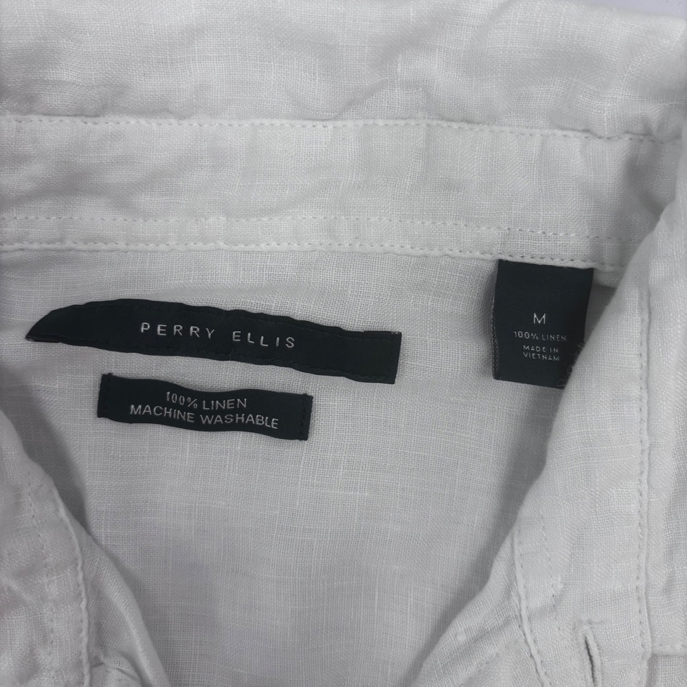Perry Ellis Mens White 100% Linen Short Sleeve Button Down Shirt Size M Pocket - Picture 4 of 9